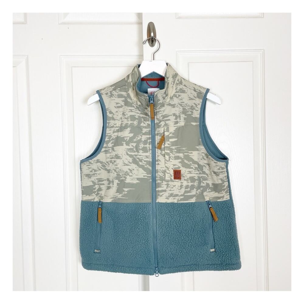 Topo Designs Subalpine Blue Sand Sherpa Fleece Vest Panel Print Sz M